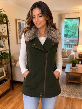 Elevenses Women’s L Olive Green Faux Fur Collar Crochet Back Moto Vest